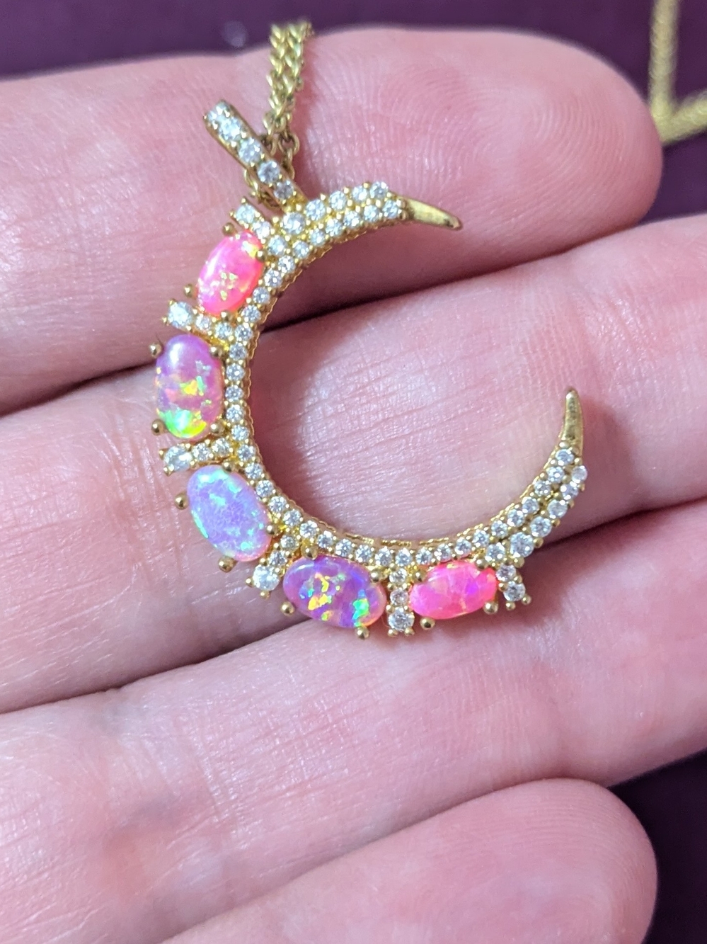 BEAUTIFUL Pink Opal Crescent Moon Pendant 18k Gold Vermeil 16"-18" Chain